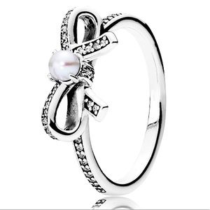 Authentic Pandora Delicate Sentiments Bow Ring Pearl/CZ